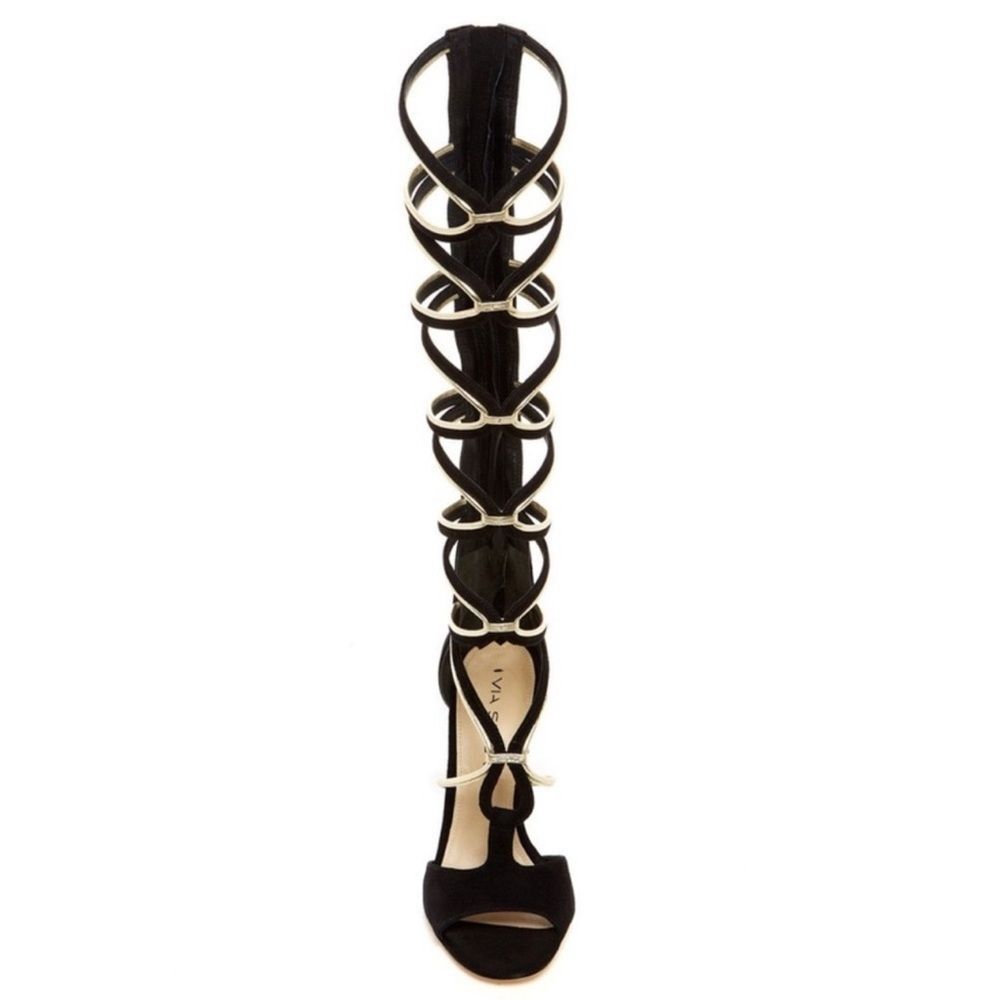 Via Spiga•Tammryn suede gladiator sandal heel black and gold - Picture 2 of 7